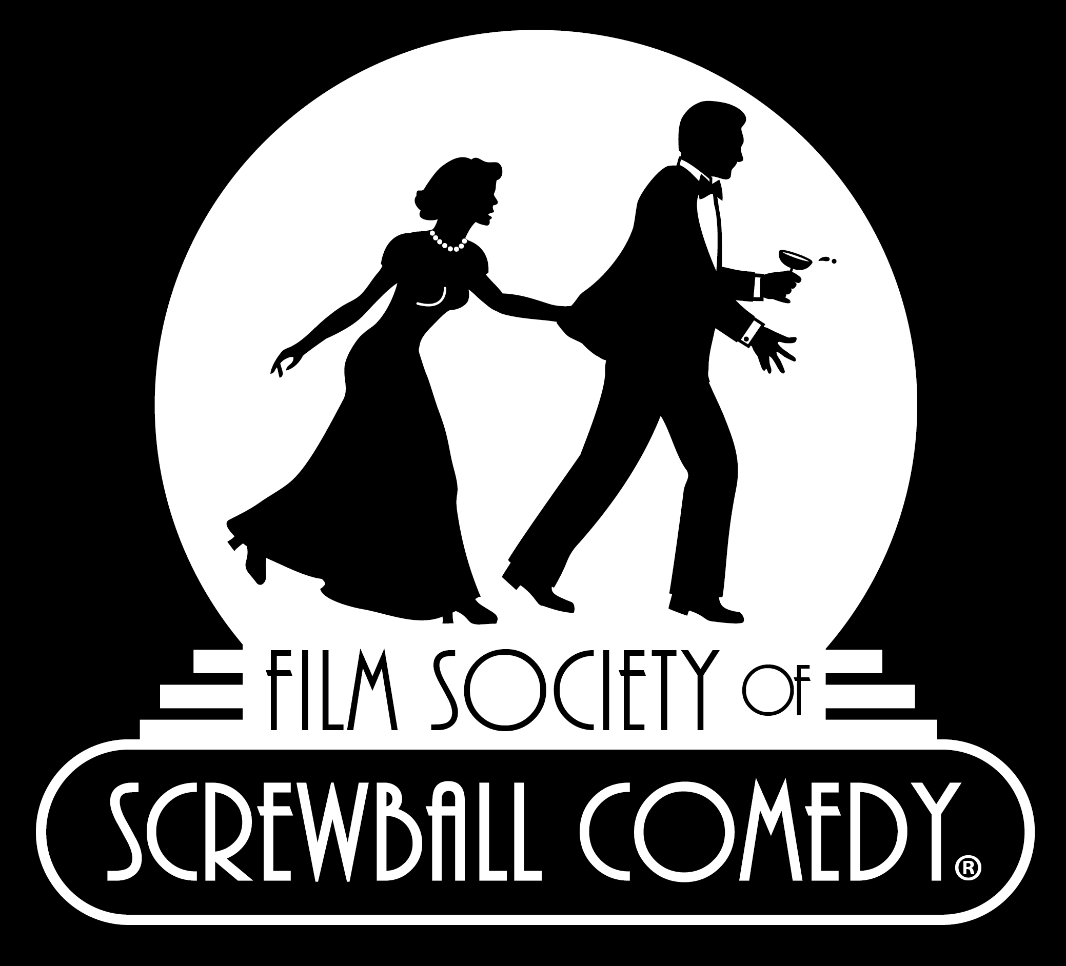 Film Society of Screwball Comedy's Logo, woman grabbing man's tux jacket as he spills champagne coupe.